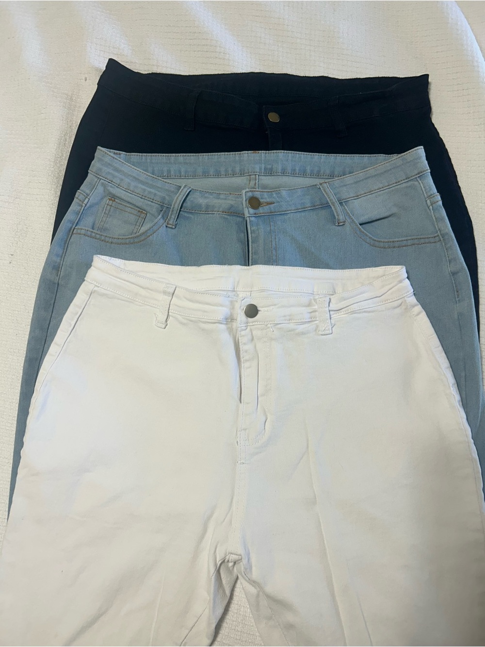 Womens High-Rise Stretch Bell Bottom Distressed Jeans - White, Light Blue, Black